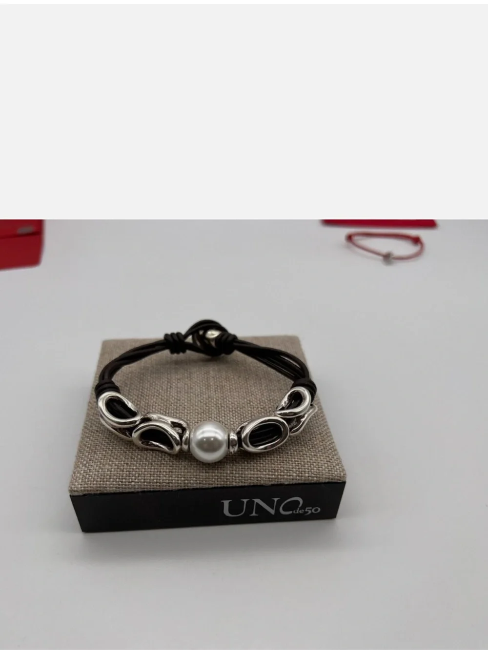 UNO de 50 Black Leather Bracelet with Silver Accents and White Pearl